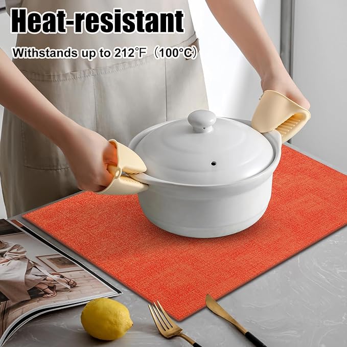 Homaxy Faux Leather Heat Resistant Placemats for Dining Table Set of 6, Waterproof Wipeable Washable PU Table Mats, Easy to Clean Anti-Slip Place Mats, 11.8" x 17", Orange