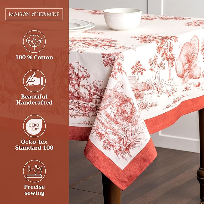Maison d' Hermine Table Cloth Square Table 100% Cotton 60 x 60 Inches Fall Tablecloth Reusable Everyday Use for Thanksgiving Christmas Decorations Dining Farmhouse Party (Holy Jouy - Red)
