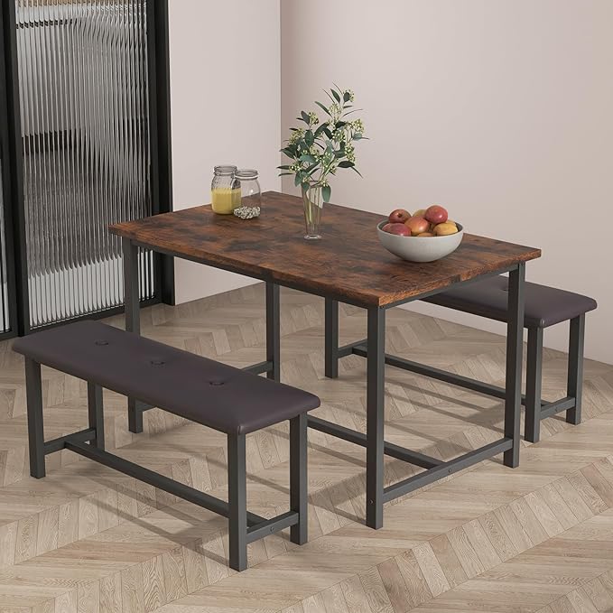 Garvee Dining Table with 2 Benches, Kitchen Table with 2 Upholstered Benches, 3 Piece Dining Table Set Space Saving for Apartment, Kitchen, 44.48" l x 27.58" w x 29.58" h, Rustic Brown