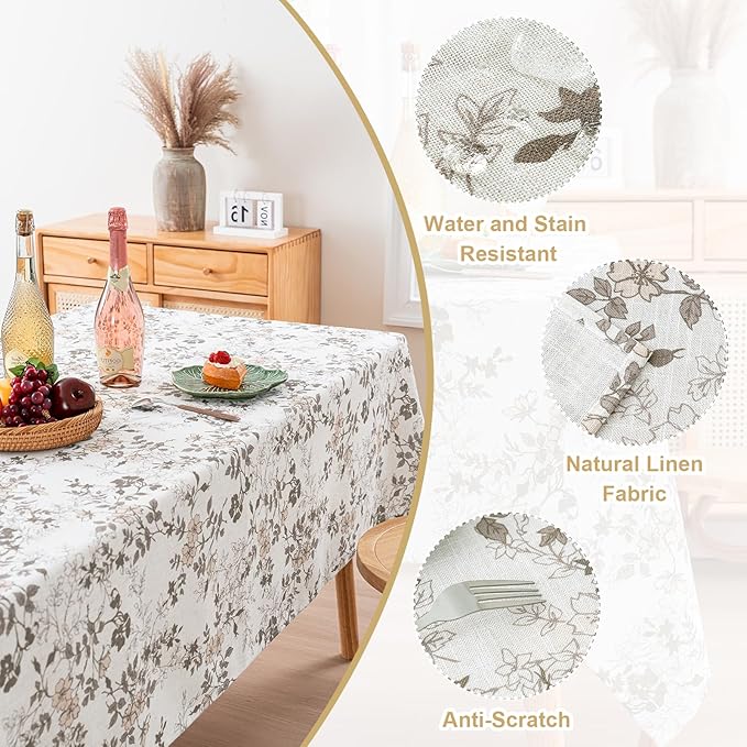 H.VERSAILTEX Linen Table Cloths Floral Printed Tablecloth Spill-Proof Waterproof Table Cover for Dining Buffet Feature Soft and Thick Fabric Wrinkle Free, 60 x 104 Inch, Retro Floral - Brown