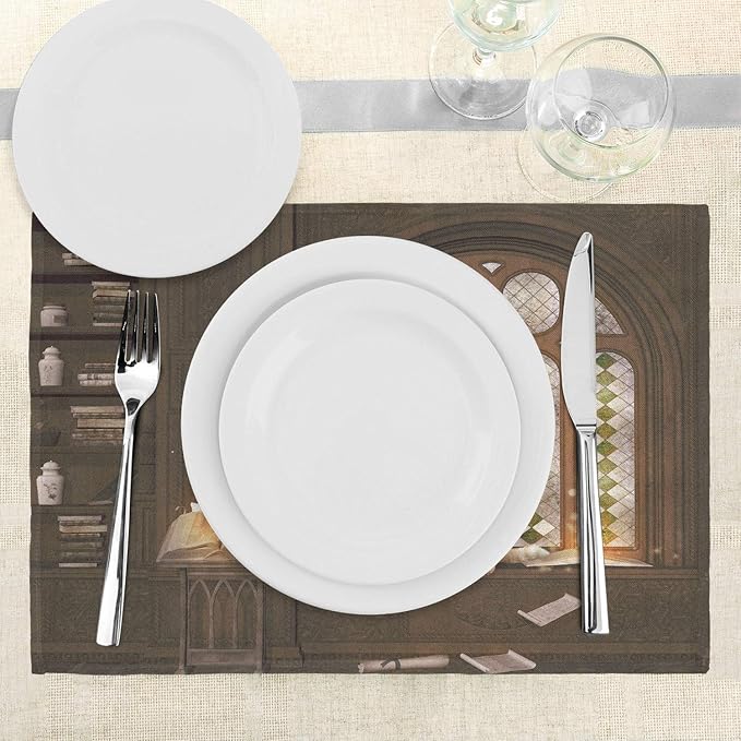 Ambesonne Gothic Place Mats Set of 4, Room for Study in The Medieval Library Cat Sleeping on Window Antique Mansion Print, Washable Fabric Placemats for Dining Table, Standard Size, Taupe