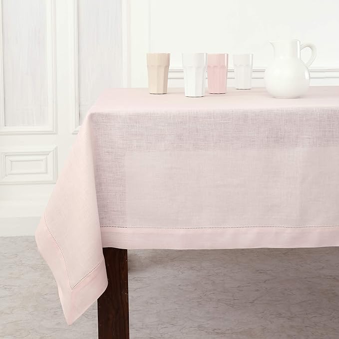 Solino Home Linen Tablecloth for Rectangle Tables 60 x 90 Inch - Classic Hemstitch 100% Pure Linen Pink Table Cloth - Machine Washable Cloth Tablecloth for Valentines, Spring, Easter
