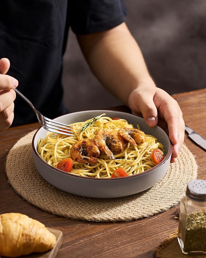 famiware Mercury Pasta Bowls Set of 4, 33 oz Large Salad Bowls, Ceramic Pasta Plates Bowls, Serving Bowls for Kitchen, Microwave & Dishwasher Safe, Light Gray