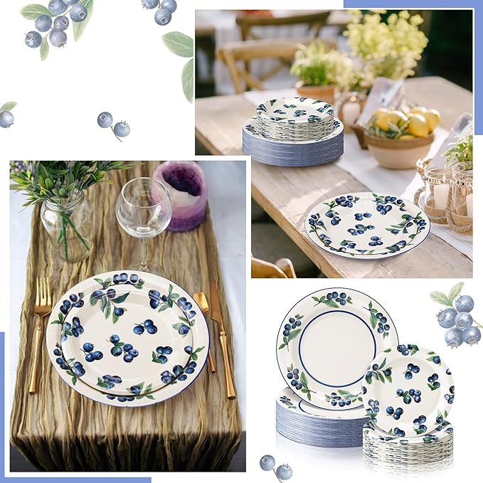 48 Pcs Blueberry Paper Plates Set Baby Shower 9" 7" Summer Watercolor Disposable Plates Decorative Dinner Plates Birthday Party Tableware for Party Supplies Decoration