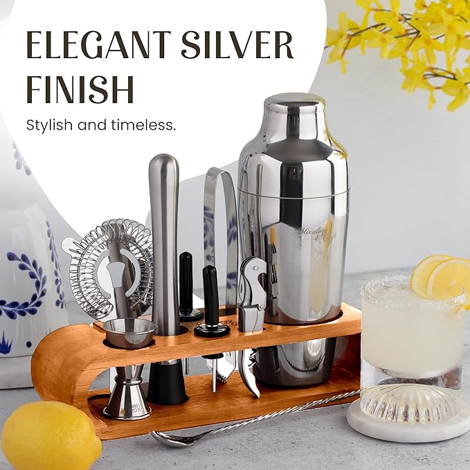 Mixology & Craft Cocktail Shaker Set with Bamboo Stand - Professional 10-Piece Bartender Kit - Complete Bar Set & Cocktail Mixer Kit for Home (Silver)