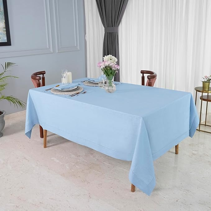 D'Moksha Homes Powder Blue Linen Tablecloth 60 x 108 Inch - 100% Pure Linen Blue Table Cloth for Rectangle Tables - Classic Hemstitch, Machine Washable Tablecloth for Spring, Easter