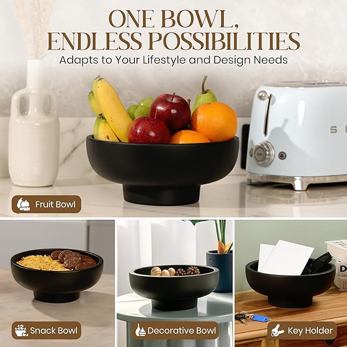 Handmade Concrete Bowl - 10x5x4.25 Inch Decorative Centerpiece Bowl for Fruits, Coffee Table, Kitchen Counter, Entryway or Shelf - Modern Minimalistic Decor (Black)