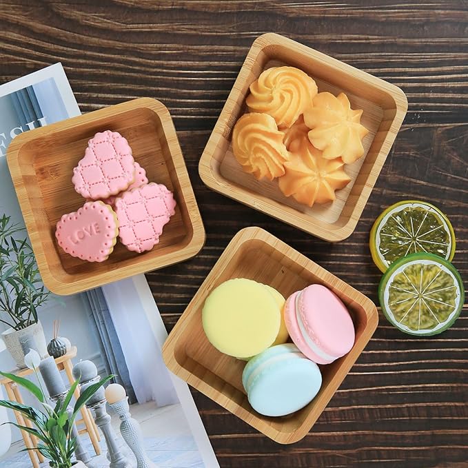 Bamboo Wooden Bowls Set, 4-inch Square Snack Bowls for Appetizers, Dips, Nuts Desserts and More, Small Reusable Wooden Serving Bowl for Dinner Party and Entertaining, Eco Friendly (4 Pcs)