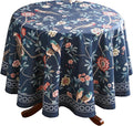 patdrea Designer Vintage Dark Blue Linen Round Tablecloth,Navy French Floral and Birds Pattern Table Cloth,Decoration Table Cover for Kitchen,Dining,Tea Party,Home,Christmas,Diameter 55"