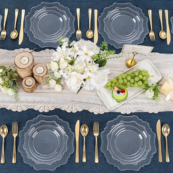 COLOSUS 100pcs Clear Plastic Plates - Heavy Duty Plastic Plates Disposable for Party/wedding Include 50pcs Dinner Plates and 50pcs Dessert Plates.