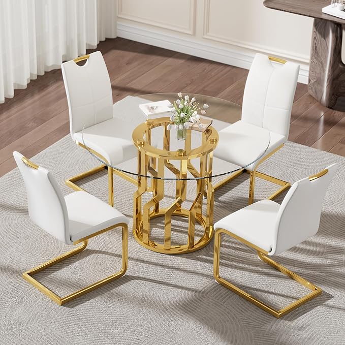 38.9" Round Glass Dining Table Set for 4, Modern 5 Piece Kitchen Table Set with Gold Stainless Steel Base & 4 PU Leather Accent Chairs, Saving Space, Dining Set for Apartment, Home - White Chair