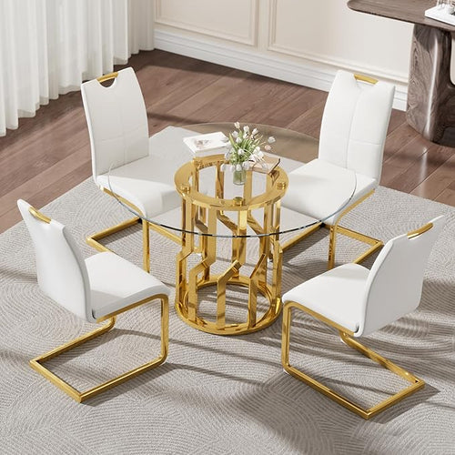38.9" Round Glass Dining Table Set for 4, Modern 5 Piece Kitchen Table Set with Gold Stainless Steel Base & 4 PU Leather Accent Chairs, Saving Space, Dining Set for Apartment, Home - White Chair