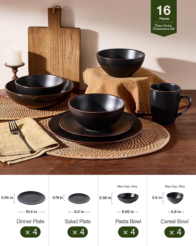 Famiware Venus Speckled Dinnerware Set with Pasta Bowls, Service for 4 (16 Pieces), Stoneware Plates and Double Bowls Sets, Microwave & Dishwasher-Safe Dishes with Trim, Matte Black