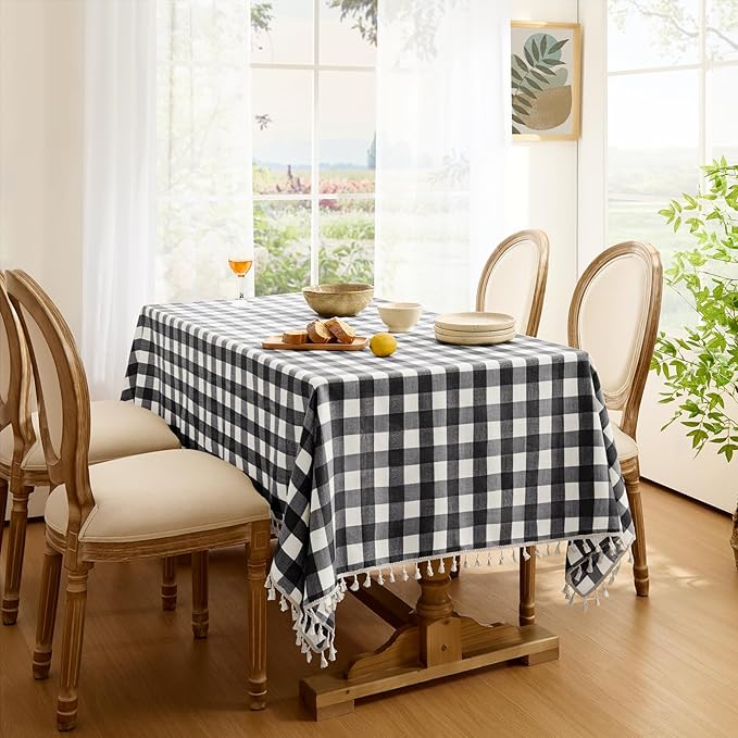 Softalker Checkered Tablecloth Rectangle, Outdoor Linen Cotton Gingham Table Cloth with Tassel, Heavy Duty Wrinkle Free Buffalo Plaid Table Cover for Kitchen Dining Home Party - 55 x 102 Inch, Black