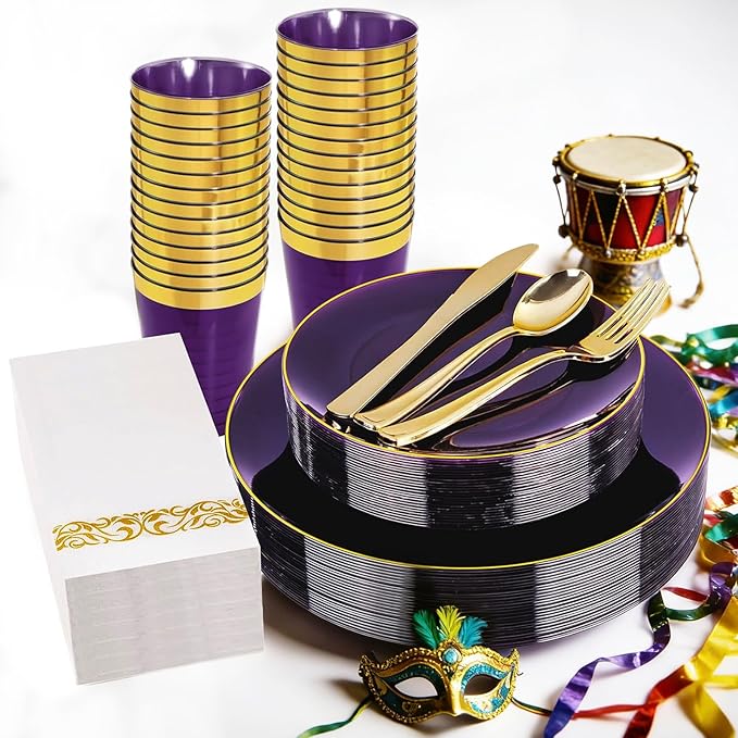 YOUBET 175PCS Purple Plastic Plates - Purple and Gold Disposable Plates Include 50 Plate, 75 Silverware, 25 Cups, 25 Napkins for Wedding & Mardi Gras Party