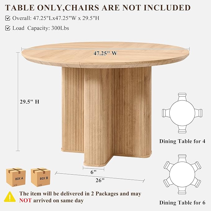 T4TREAM 47" Fluted Round Dining Table for 4-6, Mid-Century Modern Kitchen Table with Thickened Edge & Sturdy Pedestal Base for Kitchen Living Room,Natural Oak(Table Only)