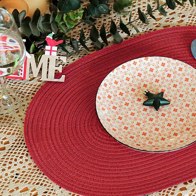 Noctiflorous Oval Braided Placemats Set of 8 Woven 12x18 Inch Non Slip Washable Heat Resistant Place Mats Round Tablemats for Dining Kitchen Party Daily Table Decor Dinner Mats (Red, 8)