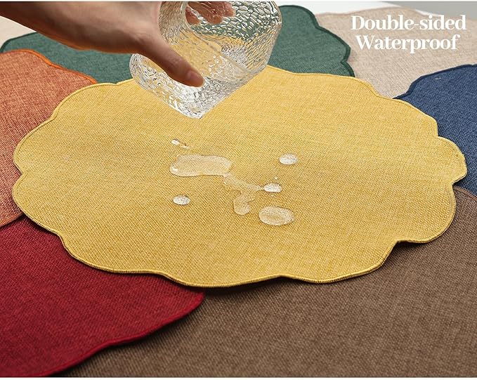 AHHFSMEI Round Faux Linen Placemats Set of 4 Waterproof Table Mats Heat Resistant Non-Slip and Stain Proof for Kitchen Dining Elegant Decor (Yellow,4)