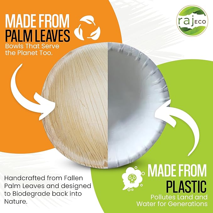 Raj Disposable Palm Leaf Bowls (25 Count, 4" Bowls) Strong Bowl Like Bamboo Party Bowl - Decorative Compostable Tableware for Lunch, Dinner, Birthday, Camping, Outdoor, Picnic, Parties