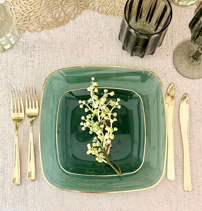 " OCCASIONS " 240 Pieces Pack,(120 Guests) Premium Wedding Party Disposable Plastic Plates Set -120 x 10'' Dinner + 120 x 7'' Salad/Dessert (Belize Square in Green & Gold)