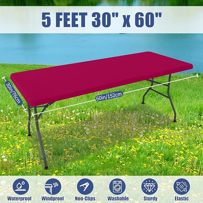 Spandex 5 Foot Rectangle Table Cloth 2 Pack, Elastic Fitted Tablecloths for Picnic, Stretch Washable Patio Table Cover for Outdoor, Camping, Banquet and Parties (Fuchsia, 30"x60")