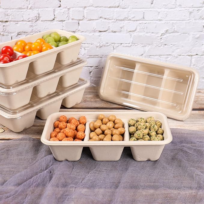 disposable paper bowls 35 oz 3 compartments with lids, Sugarcane For Snack, Dessert, Meal Prep 50 Pack
