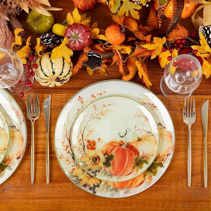 DaYammi 20 Thanksgiving Plastic Plates - Disposable Heavy duty Fancy Pumpkin Patterns, Orange plastic plates 10.25-inch Dinner and 7.5-inch Dessert Plastic Plates for Thanksgiving & holiday