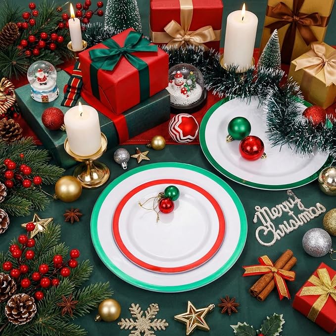 I00000 60PCS Christmas Plastic Plates, Red and Green Plastic Plates, Disposable Set Include 30 Green Dinner Plate, 30 Red Dessert Plate, Perfect for Christmas