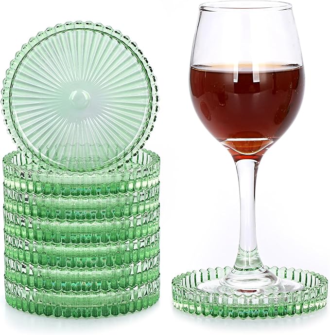 JUXYES 8 Pack Clear Green Crystal Coasters Round Cup Mat, Glass Coasters for Drinks Coffee Tea Wine, Decorative Wine Bottle Coaster, Crystal Drink Coasters for Restaurant bar Kitchen Dining Table