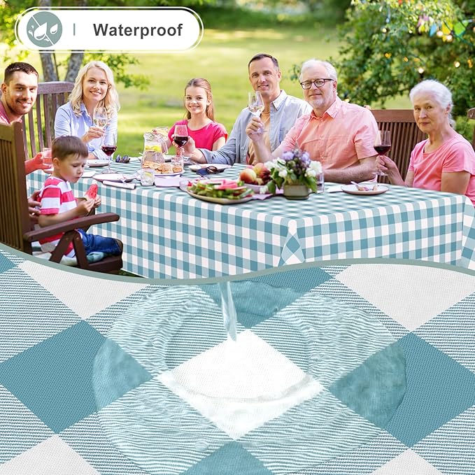 misaya Rectangle Waterproof Vinyl Table Cloth, Buffalo Flannel Backed Tablecloth, Wipeable Plastic Table Cover for Dinner, Kitchen, Outdoor (60" x 84", Aquamarine and White)