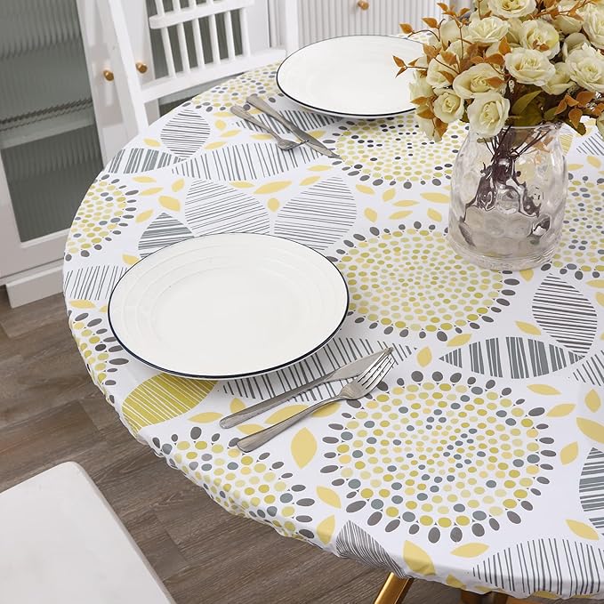 Walrus Round Vinyl Fitted Tablecloth with Flannel Backing Elastic Edge Design Table Cover Waterproof Oil-Proof PVC Table Cloth Stain-Resistant Best for 37"-44" Round