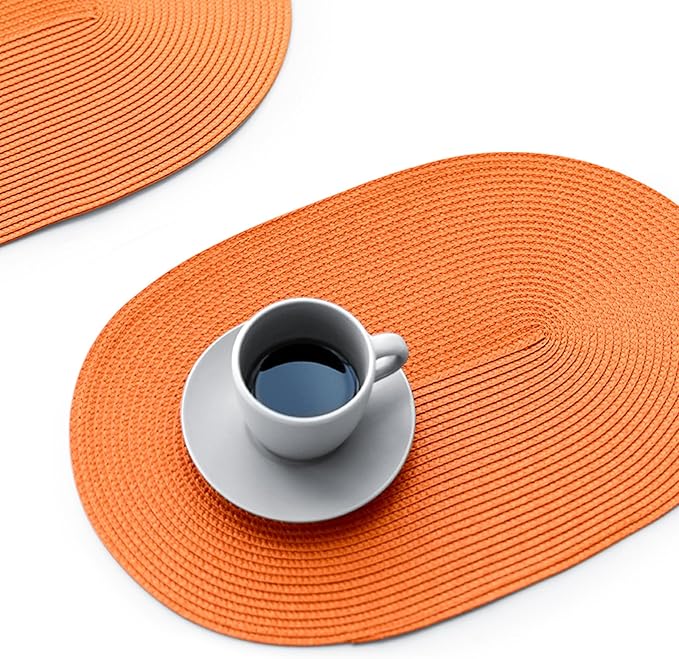 FunWheat Oval Braided Placemats Set of 8 Table Mats for Dining Tables Washable Heat Resistant Place Mats for Indoor Outdoor Use 12 x18 Inch(Oval Orange, 8pcs)