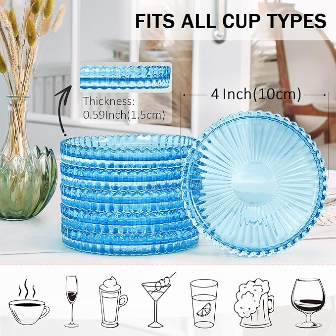 Modern Glass Coasters, GOH DODD Set of 6 Crystal Coasters Tabletop Protection for Drinks, Home Decor, Kitchen, Living Room, Patio, Wedding, Party, Housewarming Gifts, Clear Blue
