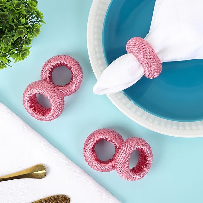 ALPHA Living HOME Napkin Rings for Dinner Table Set of 12 - Handmade Rayon Farmhouse Table Decor, Boho Chic Wedding Accessories, Holiday Party Decor, Dining Table Setting (Pink)
