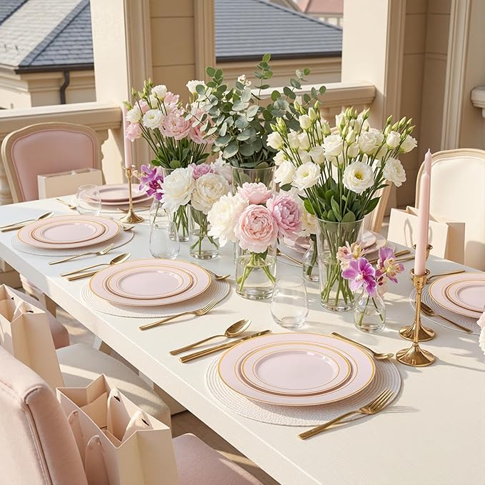 350PCS Pink Disposable Plates - Pink Plastic Plates 50Guests Plastic Dinnerware Sets with Rolled Napkins for Wedding/Birthday/Baby shower/Easter
