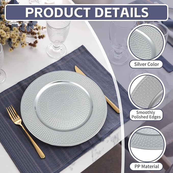 PROY 50 Pcs Silver Charger Plates Bulk, 13 Inch Silver Chargers for Dinner Plates Plastic Reusable Round Charger Platters for Table Setting, Wedding, Party, Event