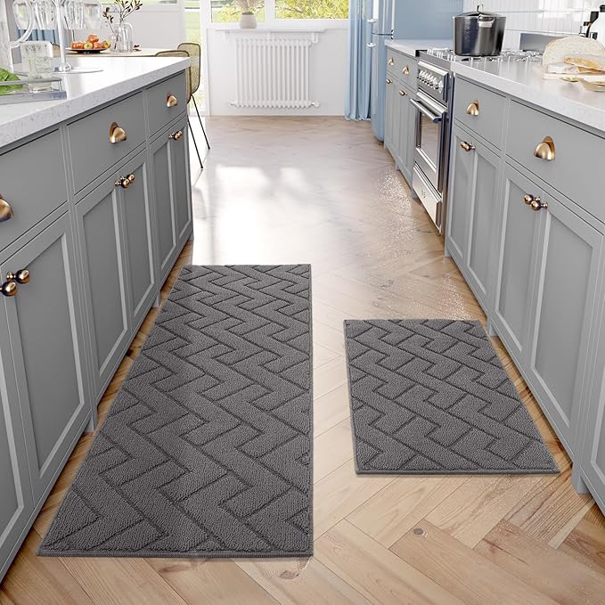 hicorfe Kitchen Rugs and Mats Sets,2 Pieces Super Absorbent Polypropylene Non-Slip Rug,Soft Comfort Floor Mat,Machine Washable for Kitchen,Hallway,Office,Sink,Laundry(20" x 32"+20" x 59",Grey)