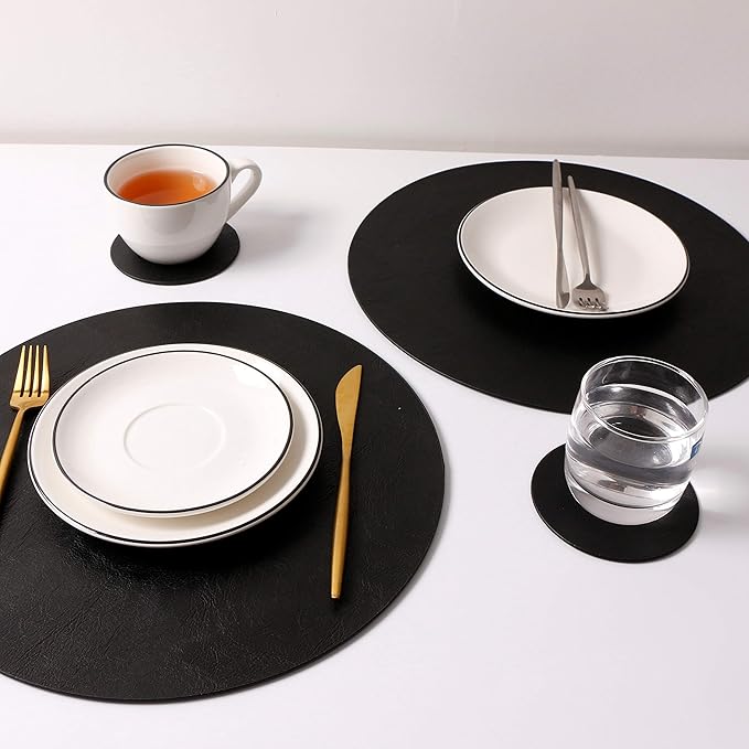 Set of 8 Round PU Leather Placemats, Waterproof Coffee Coasters, Kitchen Table Mats, Easy to Wipe Off for Dining Round Table