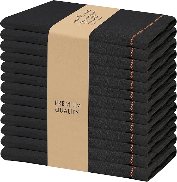 Urban Villa Cloth Napkins Set of 12 20"x20" 100% Cotton Hemstitch Napkins Cloth Washable Durable Reusable Absorbent Table Dinner Napkins Cloth for Hotel Lunch Restaurant Weddings Parties –Black Orange
