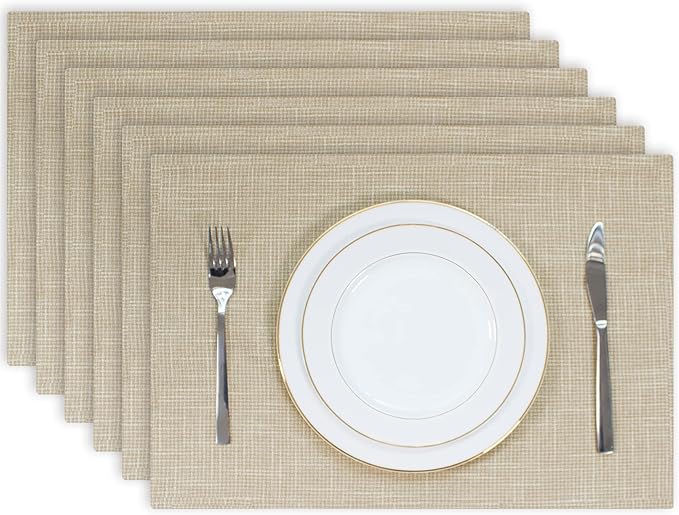 Kevin Textile Burlap Linen Placemats Set of 6 Heat Resistant Dining Table Place Mats Washable Kitchen Table Mats for Dinning Party Holiday Indoor Outdoor, 13 x19 inches, Light Beige