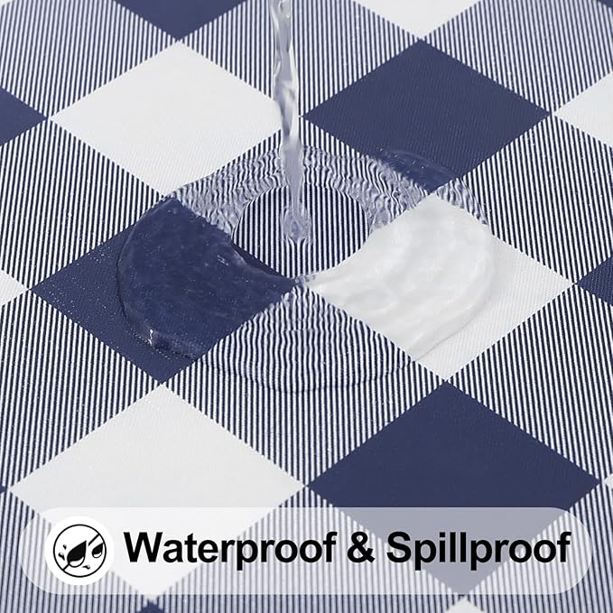 Smiry Square Picnic Table Cloth, Elastic Waterproof Fitted Vinyl Tablecloths, Flannel Backed Buffalo Plaid Table Covers for Dining, Camping, Outdoor (White and Navy, 42" x 42")