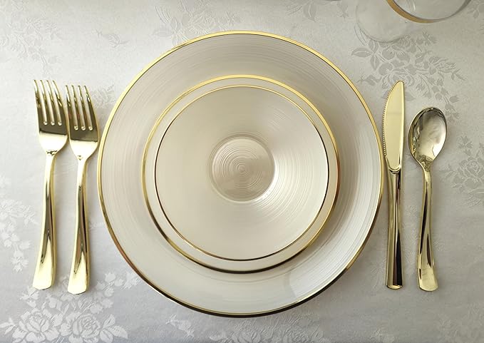 " OCCASIONS " 50 Plates Pack (25 Guests)-Wedding Party Disposable Plastic Plate Set -25 x 10'' Dinner + 25 x 7'' Salad & Dessert plates (Belize in Ivory & Gold)