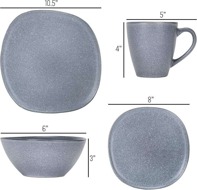 Elanze Designs 16-Piece Modern Luxury Chic Smooth Vintage Handmade Shape Matte Finish Ceramic Stoneware Square Plate Mug & Bowl Kitchen Dinnerware 16 Piece Set - Service for 4, Dove Grey