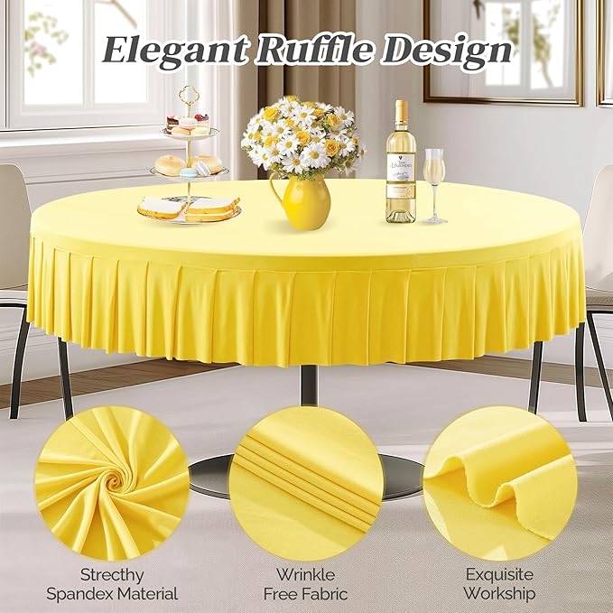 4 Pack Yellow Spandex Round Tablecloths for 72in Table, Stretchy Fitted 6FT Round Table Cloths, Wrinkle Free Table Cover with Skirt for Wedding Birthday Party Bridal Shower Banquet