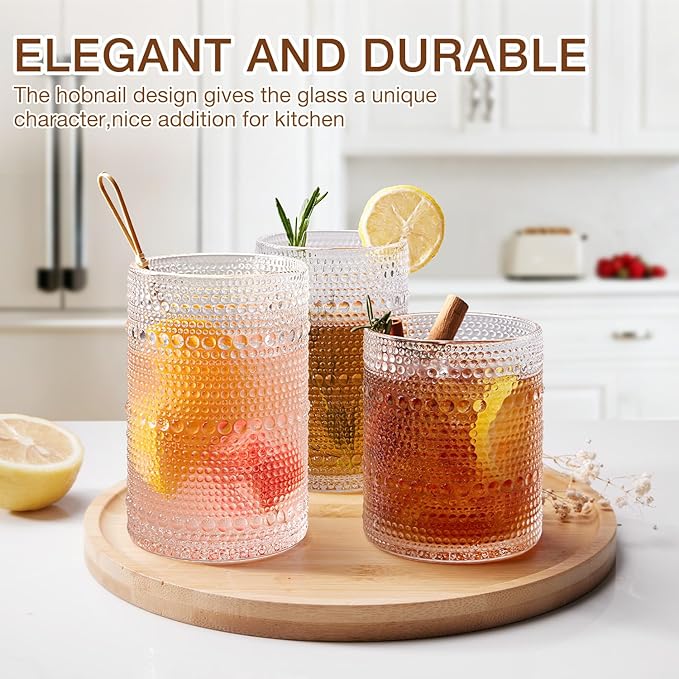 Hobnail Drinking Glasses Set of 8, 4 Highball Glasses 15oz,4 Rocks Glasses 12oz,Mixed Drink Cocktail Glass, Vintage Embossed Glassware Sets for Whiskey,mocktails, Water & Juice Drinkware