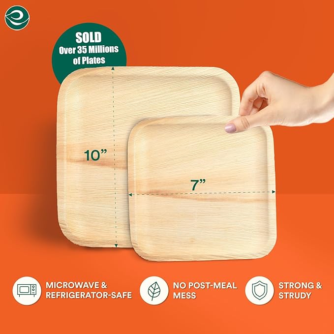 ECO SOUL Palm Leaf Square Plates 7" & 10" (100 Count) Compostable|Biodegradable| Eco-Friendly Disposable Party Plates for Appetizers - Dinner Parties, Wedding & Events