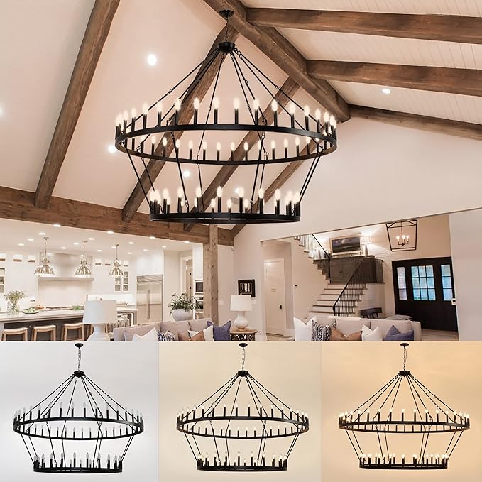 70 Inch Extra Large Wagon Wheel Chandelier 2 Tier 64-Lights Black Farmhouse Pendant Light Fixture, Round Rustic Hanging Lighting for Outdoor Porch high Ceilings Living Dining Room Foyer Entryway