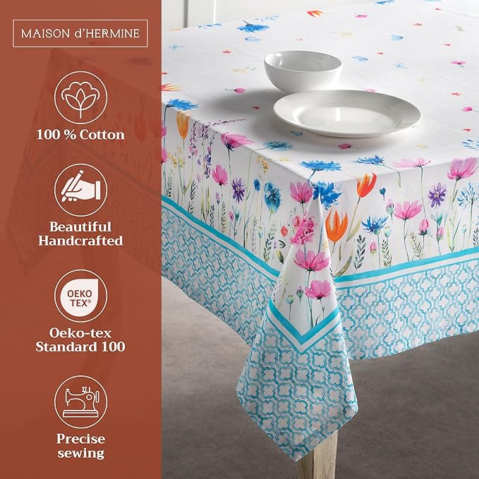 Maison d' Hermine Table Cloth Square Table 100% Cotton 54 x 54 Inches Tablecloth Reusable Decorative for Dining Room Farmhouse Home Valentines Day Decorations Spring Summer - Flower in The Field