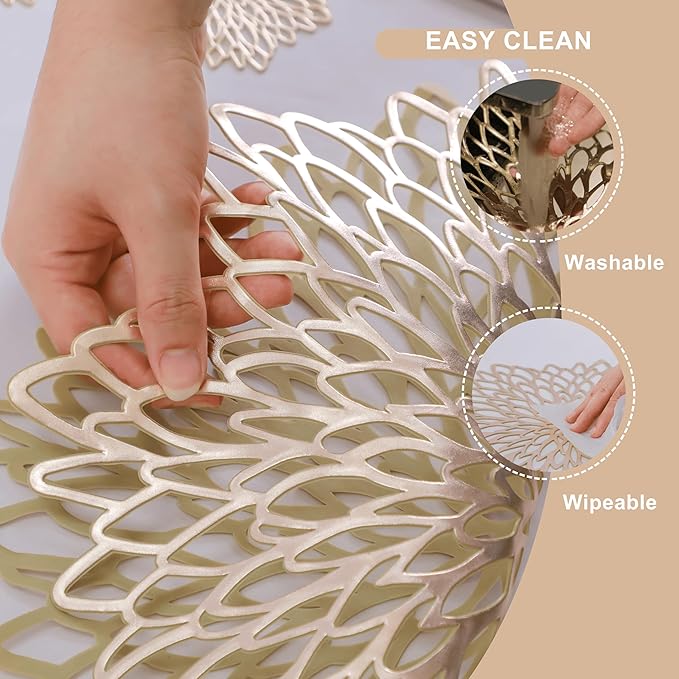 Snowkingdom Pack of 18 Gold Metallic Round Placemats Bulk Pressed Vinyl Leaf Dinning Kitchen Table Mats Decorations Setting for Christmas Wedding Thanksgiving Party Event Holiday Autumn Harvest