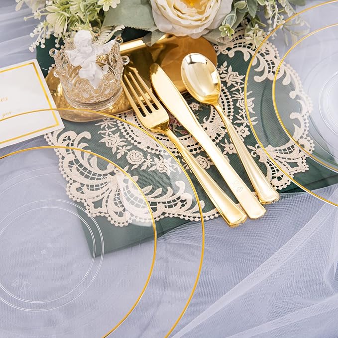 Nervure 100 Pieces Clear and Gold Plastic Plates - 10.25inch Gold Dinner Plate - Heavyweight Clear Disposable Plates Ideal for Party & Wedding
